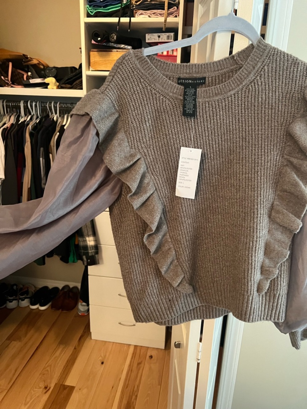 Design History Taupe Knit Sweater with Sheer Ruffle Sleeves